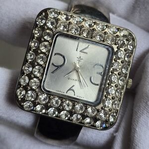 Vintage Pave Crystal Studded Square Silver-Tone Watch AS-IS Need Battery